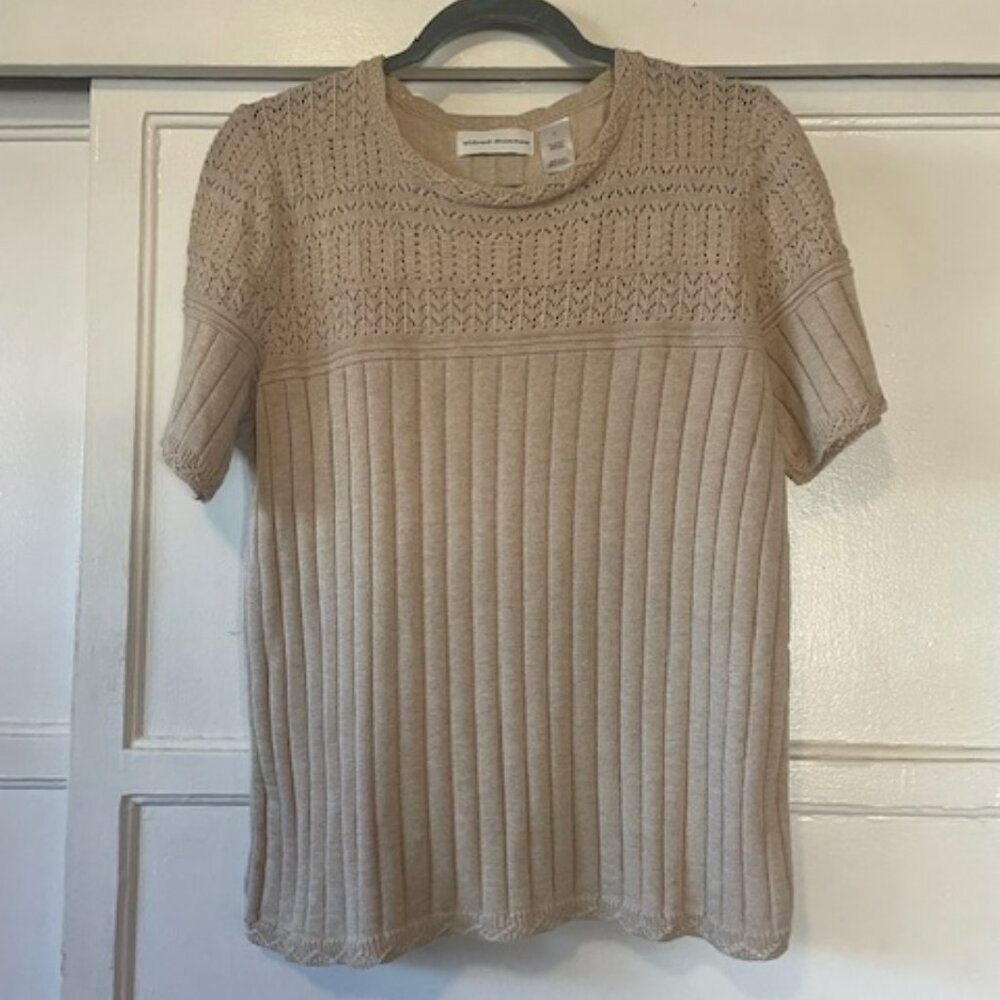 Sweater Shory Sleeve Top Women's Size Medium Beige Ribbed Crochet Boho